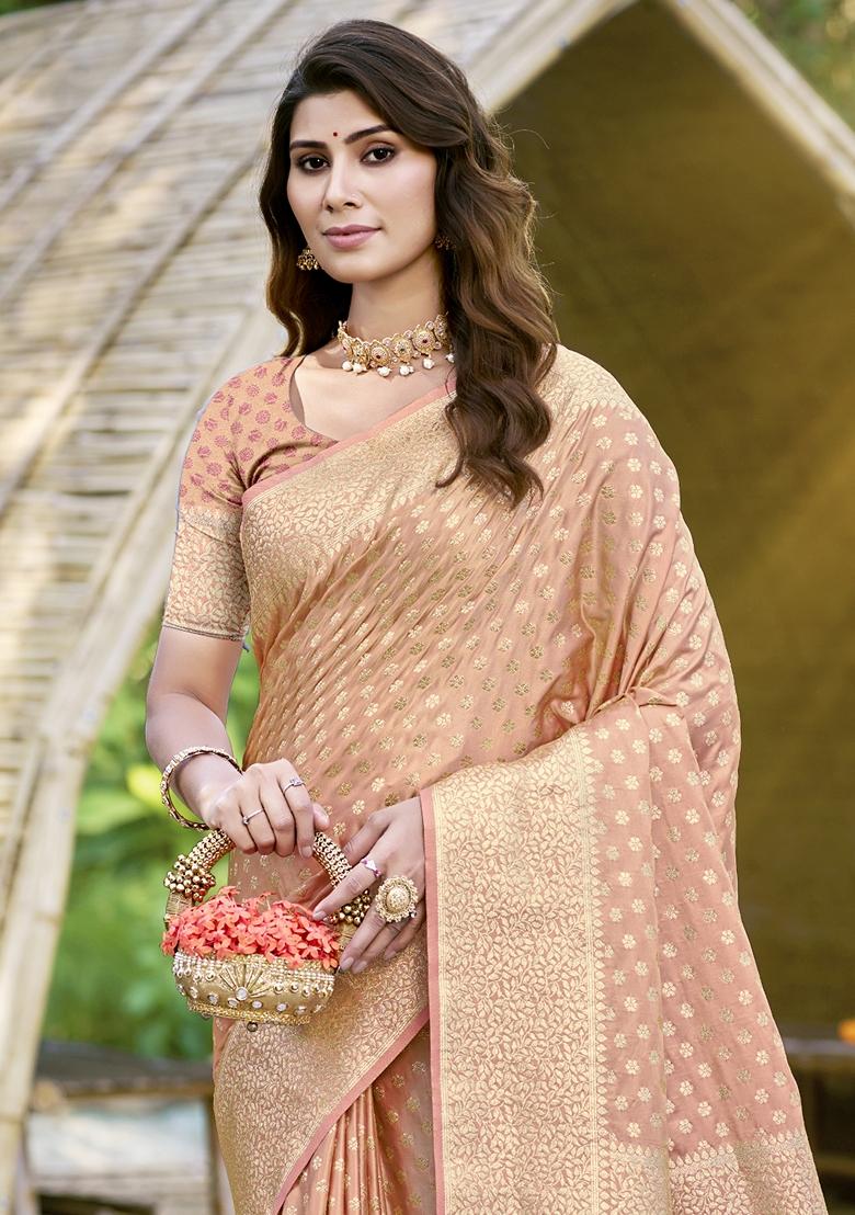 Peach Jacquard Silk Saree Set