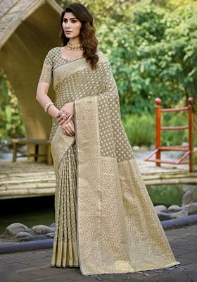 Grey Jacquard Silk Saree Set