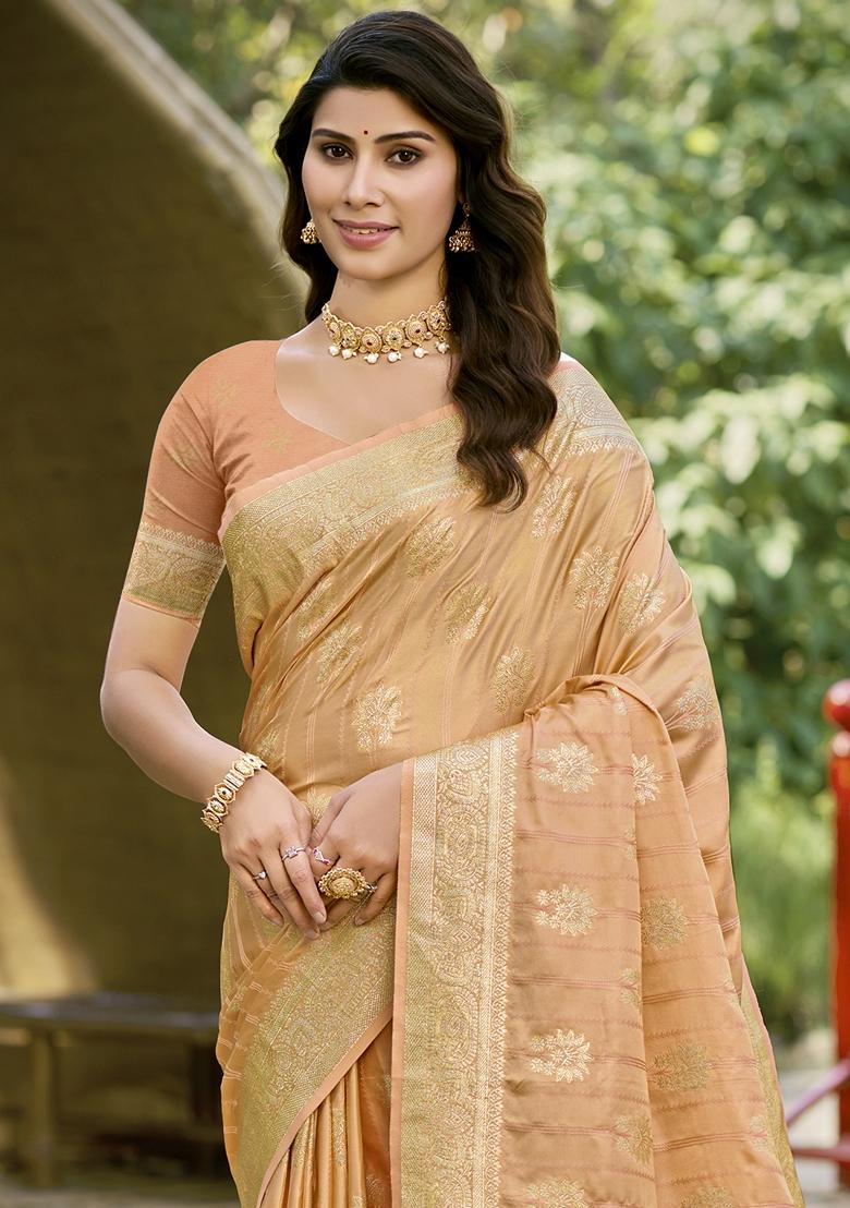 Peach Jacquard Silk Saree Set