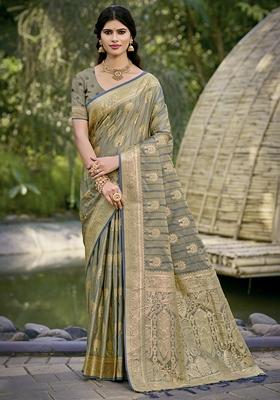 Grey Jacquard Silk Saree Set