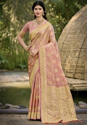Pink Jacquard Silk Saree Set