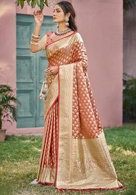 Dark Peach Jacquard Silk Saree Set