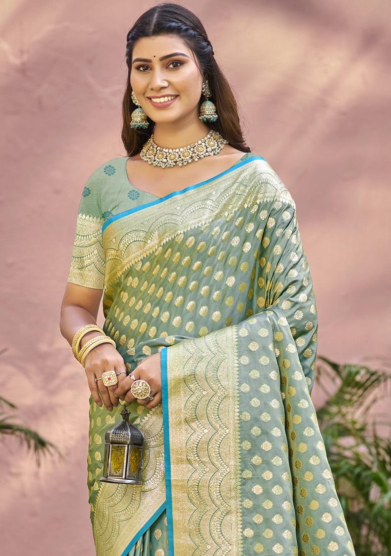 Light Blue Jacquard Silk Saree Set