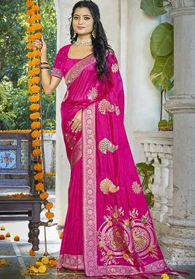 Rani Pink Jacquard Silk Saree Set