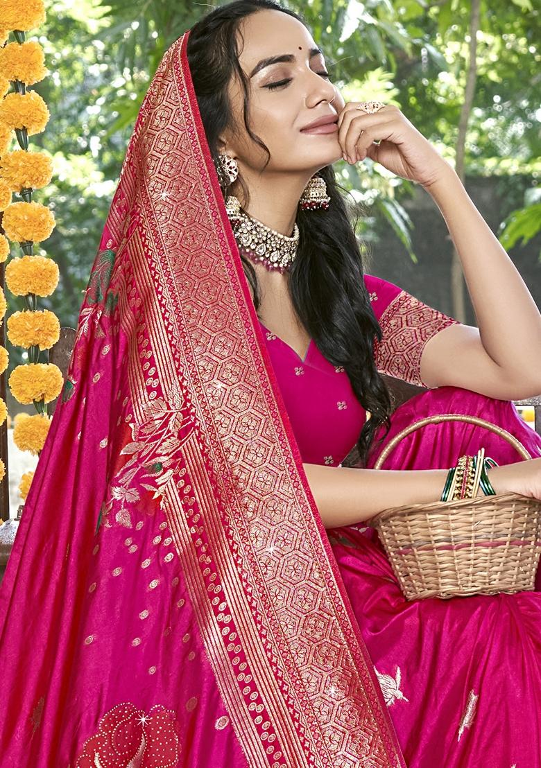 Rani Pink Jacquard Silk Saree Set