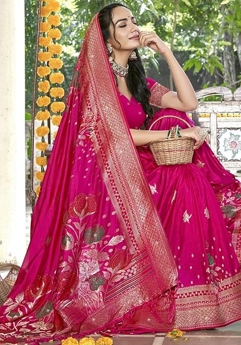 Rani Pink Jacquard Silk Saree Set