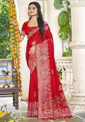 Red Jacquard Silk Saree Set