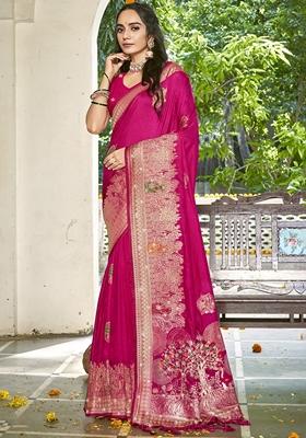 Rani Pink Jacquard Silk Saree Set