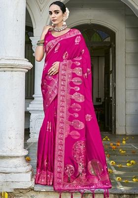 Rani Pink Jacquard Silk Saree Set