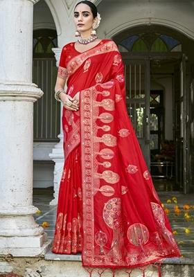 Red Jacquard Silk Saree Set