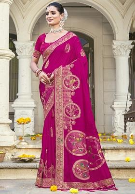 Rani Pink Jacquard Silk Saree Set