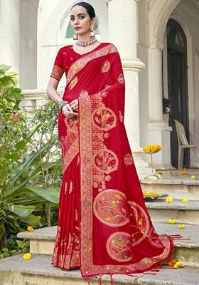 Red Jacquard Silk Saree Set