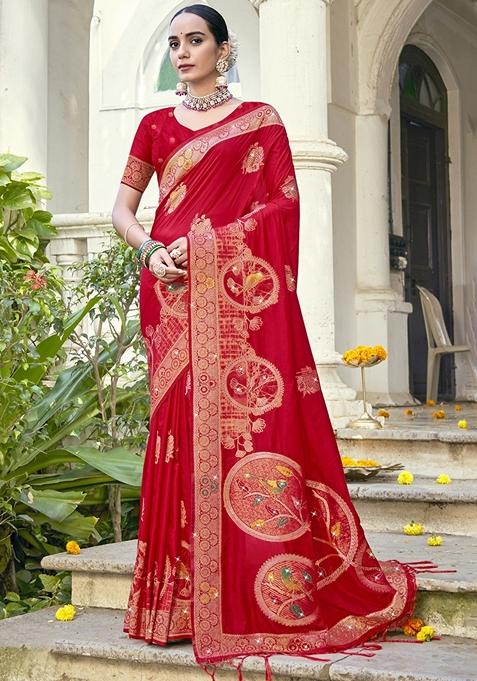 Red Jacquard Silk Saree Set