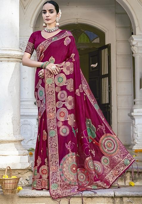 Burgundy Jacquard Silk Saree Set