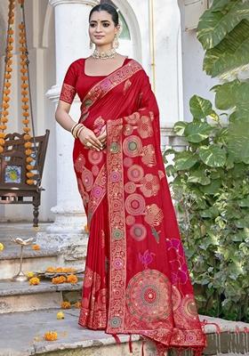 Red Jacquard Silk Saree Set