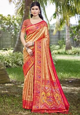 Dark Peach Jacquard Silk Saree Set