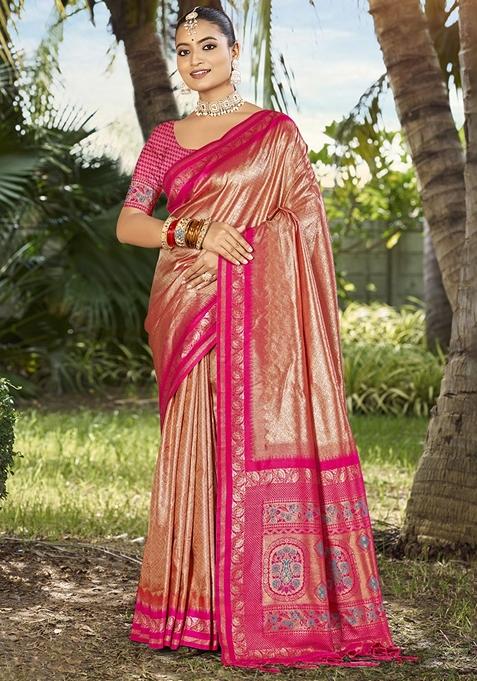 Rust Jacquard Silk Saree Set