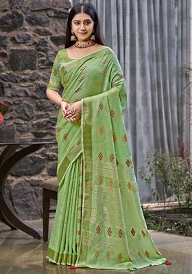 Green Jacquard Linen Saree Set