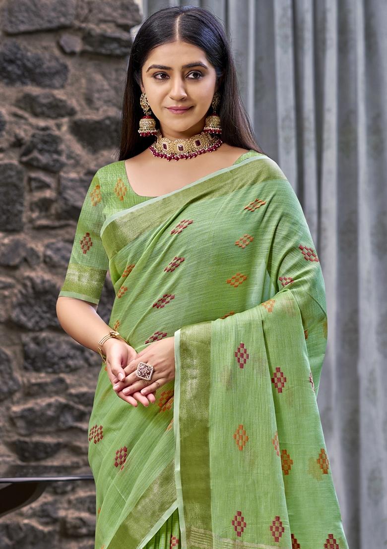 Green Jacquard Linen Saree Set