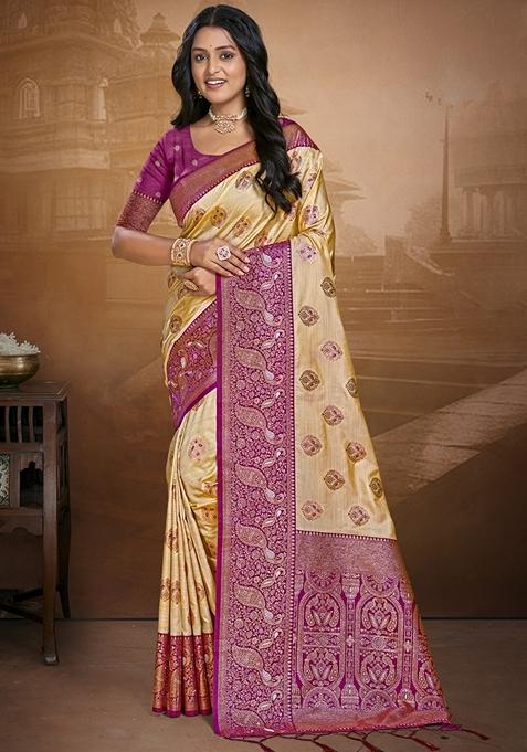 Cream Jacquard Silk Saree Set