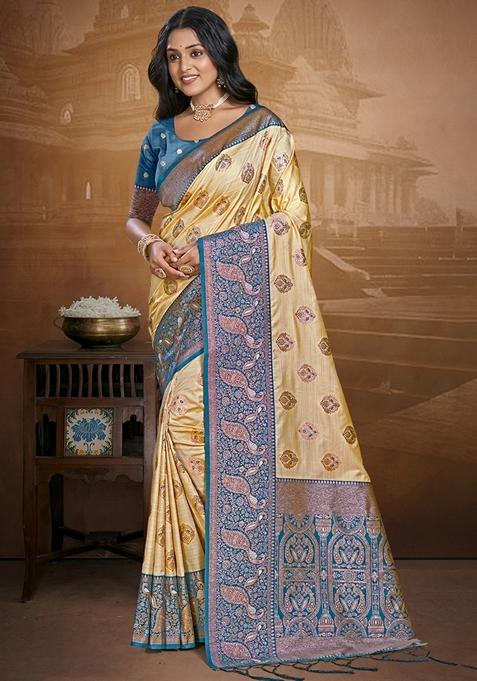 Cream Jacquard Silk Saree Set