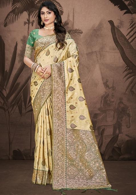 Cream Jacquard Silk Saree Set