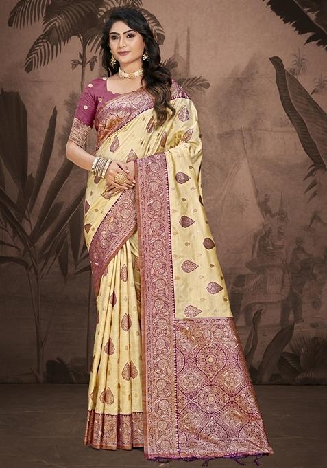 Cream Jacquard Silk Saree Set