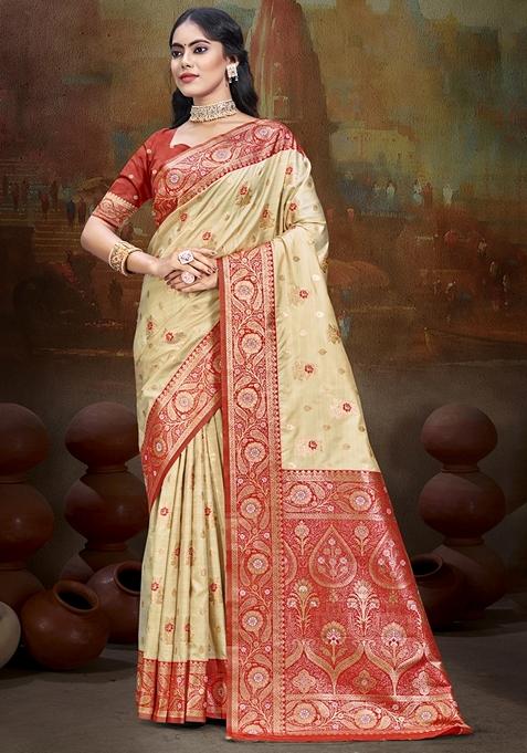 Cream Jacquard Silk Saree Set