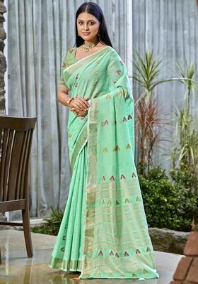 Mint Green Jacquard Cotton Saree Set