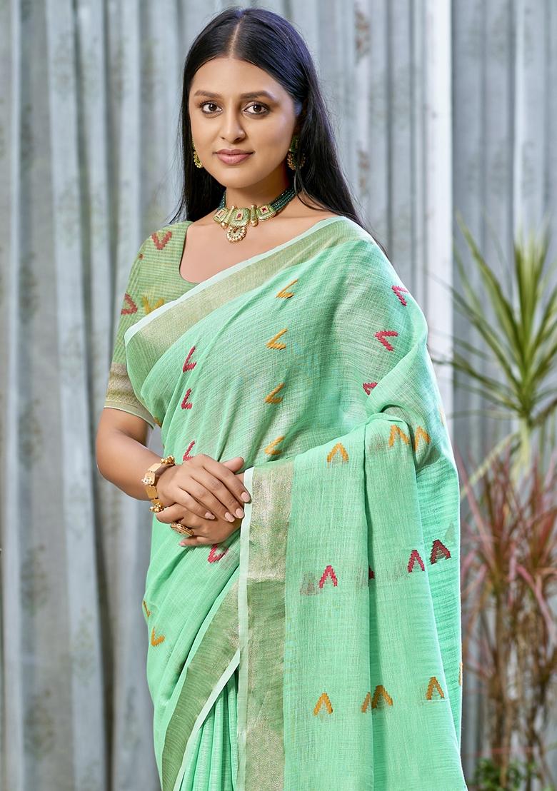 Mint Green Jacquard Cotton Saree Set