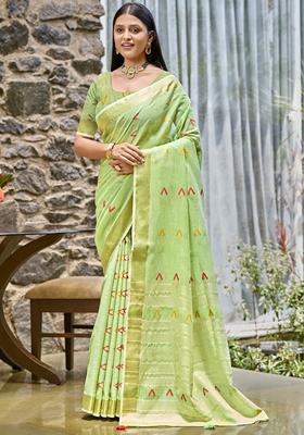 Pista Green Jacquard Cotton Saree Set