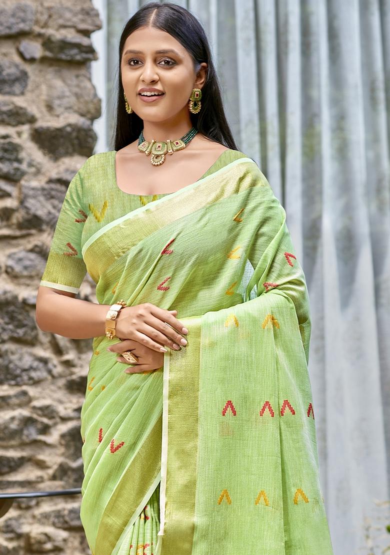 Pista Green Jacquard Cotton Saree Set