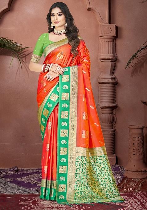 Orange Jacquard Silk Saree Set