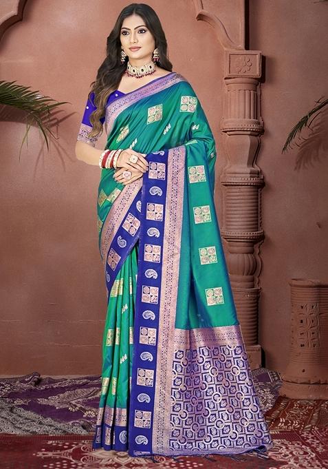 Rama Blue Jacquard Silk Saree Set