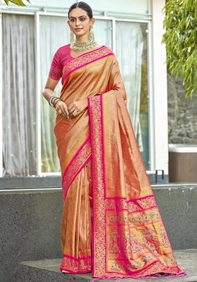 Dark Peach Jacquard Silk Saree Set