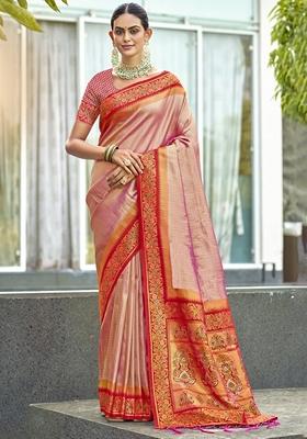 Pink Jacquard Silk Saree Set
