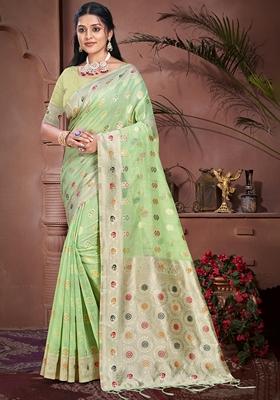Pista Green Jacquard Cotton Saree Set