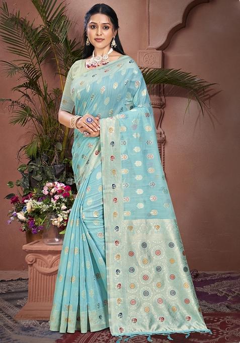 Sky Blue Jacquard Cotton Saree Set