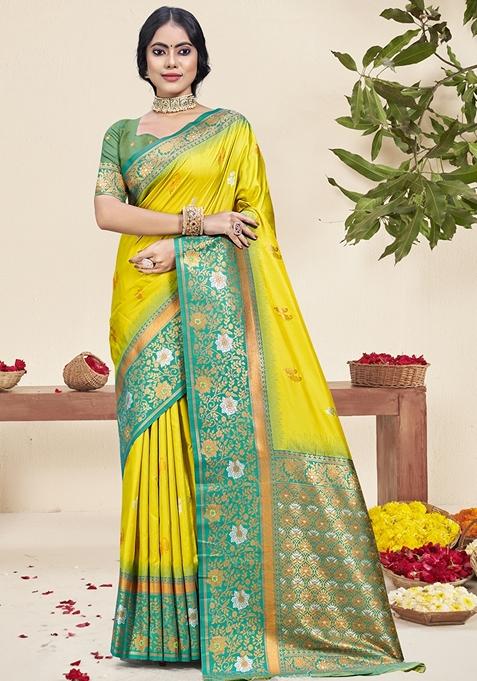 Yellow Jacquard Silk Saree Set