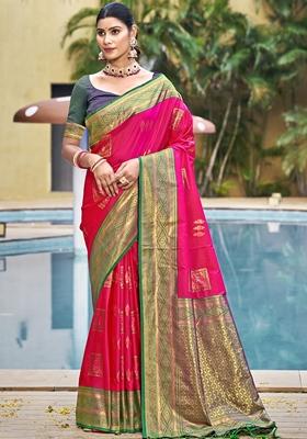 Rani Pink Jacquard Silk Saree Set