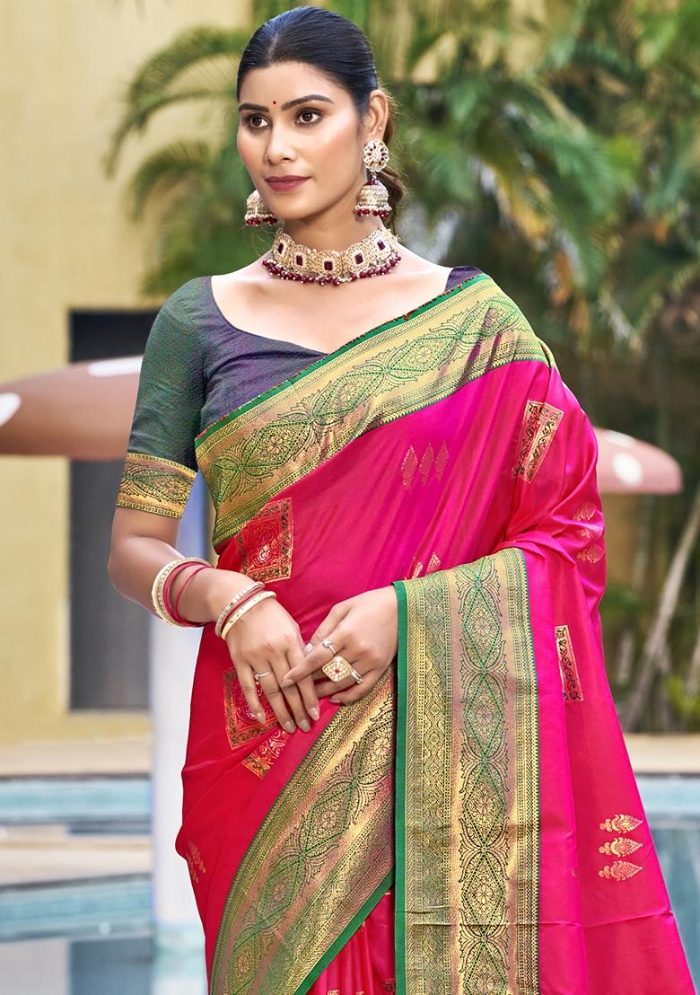 Rani Pink Jacquard Silk Saree Set