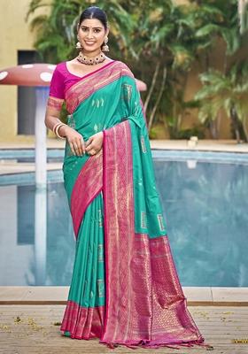 Rama Blue Jacquard Silk Saree Set