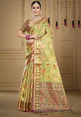 Pista Green Jacquard Organza Saree Set