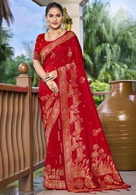 Red Jacquard Silk Saree Set