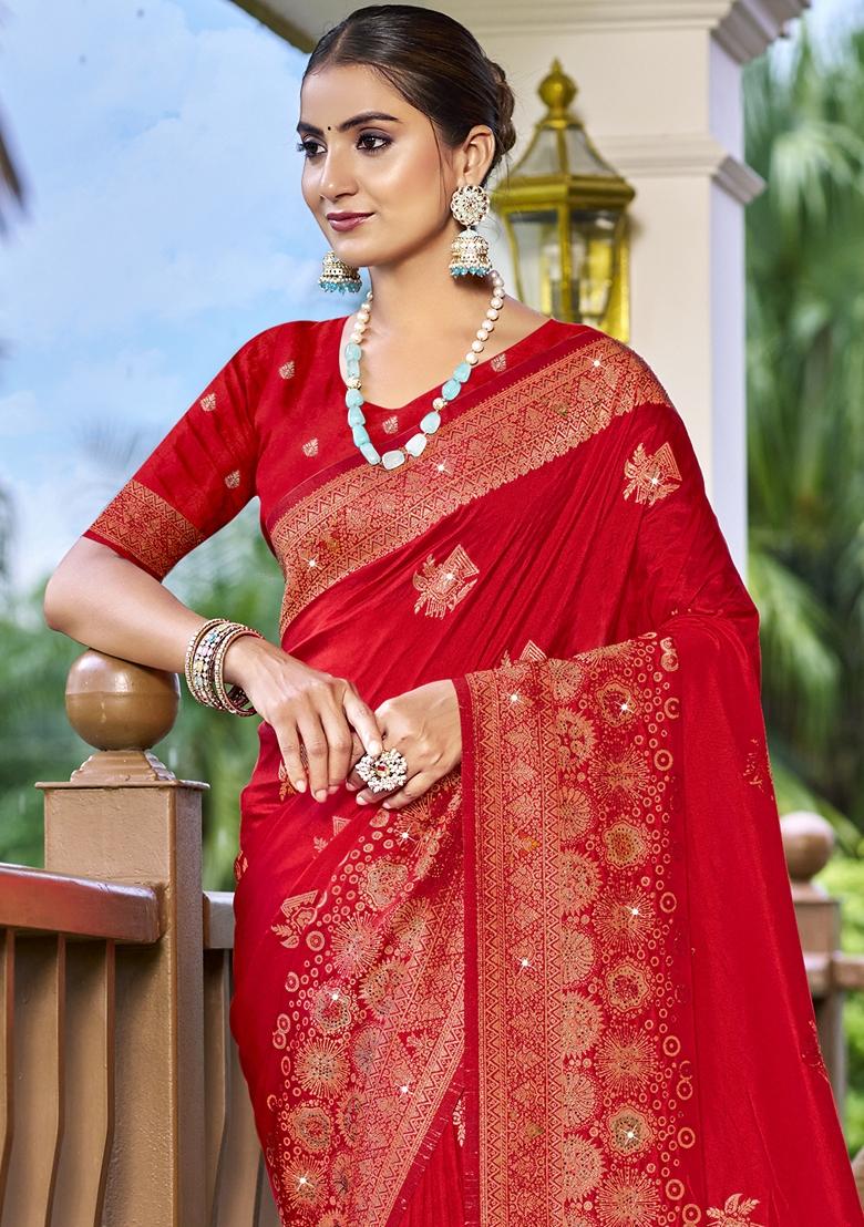 Red Jacquard Silk Saree Set