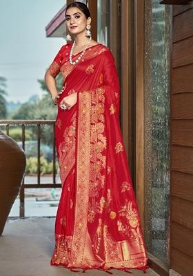 Red Jacquard Silk Saree Set