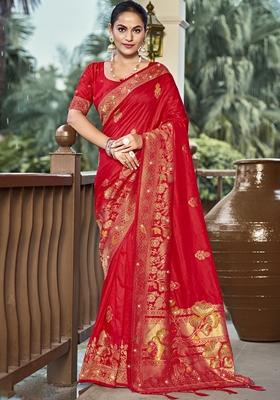 Red Jacquard Silk Saree Set
