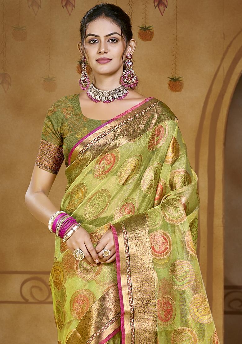 Pista Green Jacquard Organza Saree Set