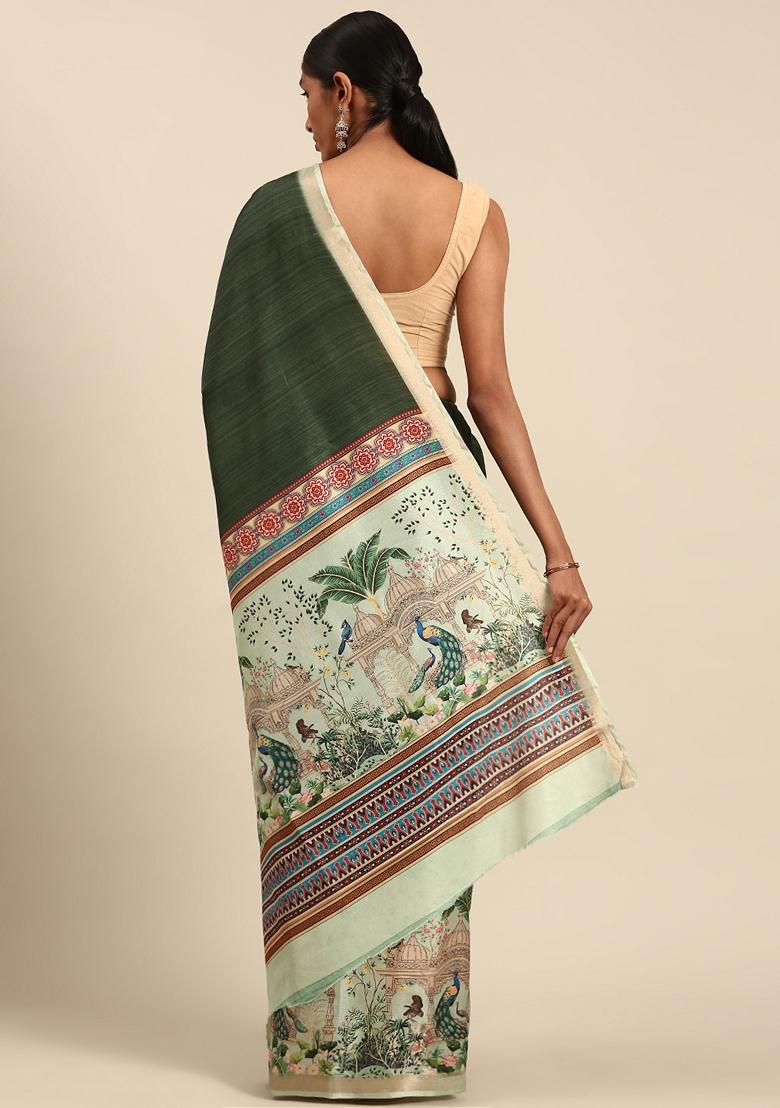 Dark Green Jacquard Cotton Saree Set