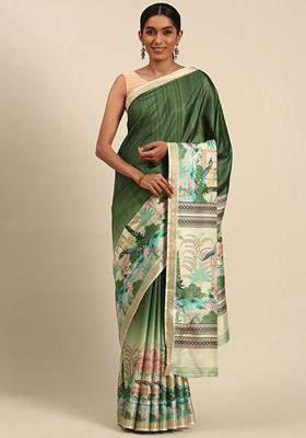 Dark Green Jacquard Cotton Saree Set